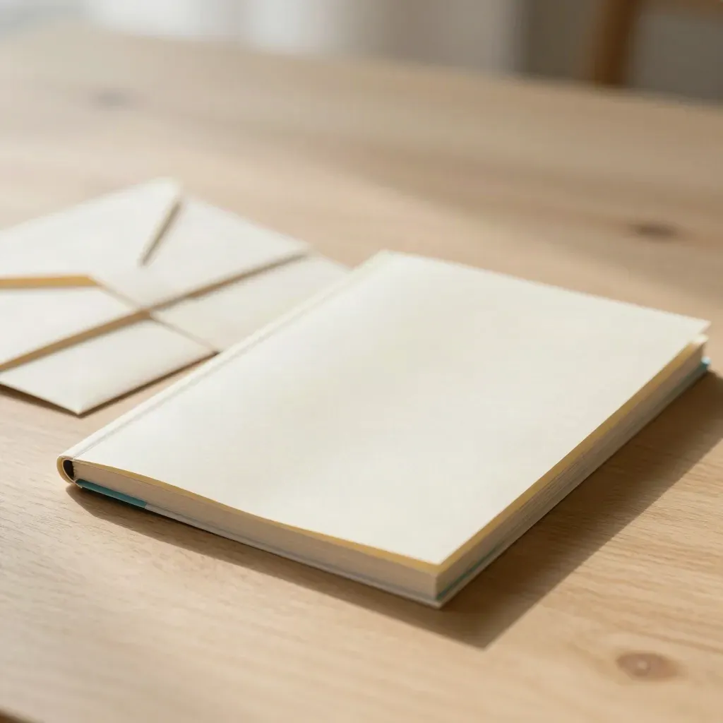 Lead-planning booklet beside a folded envelope on pale wood in warm window light.