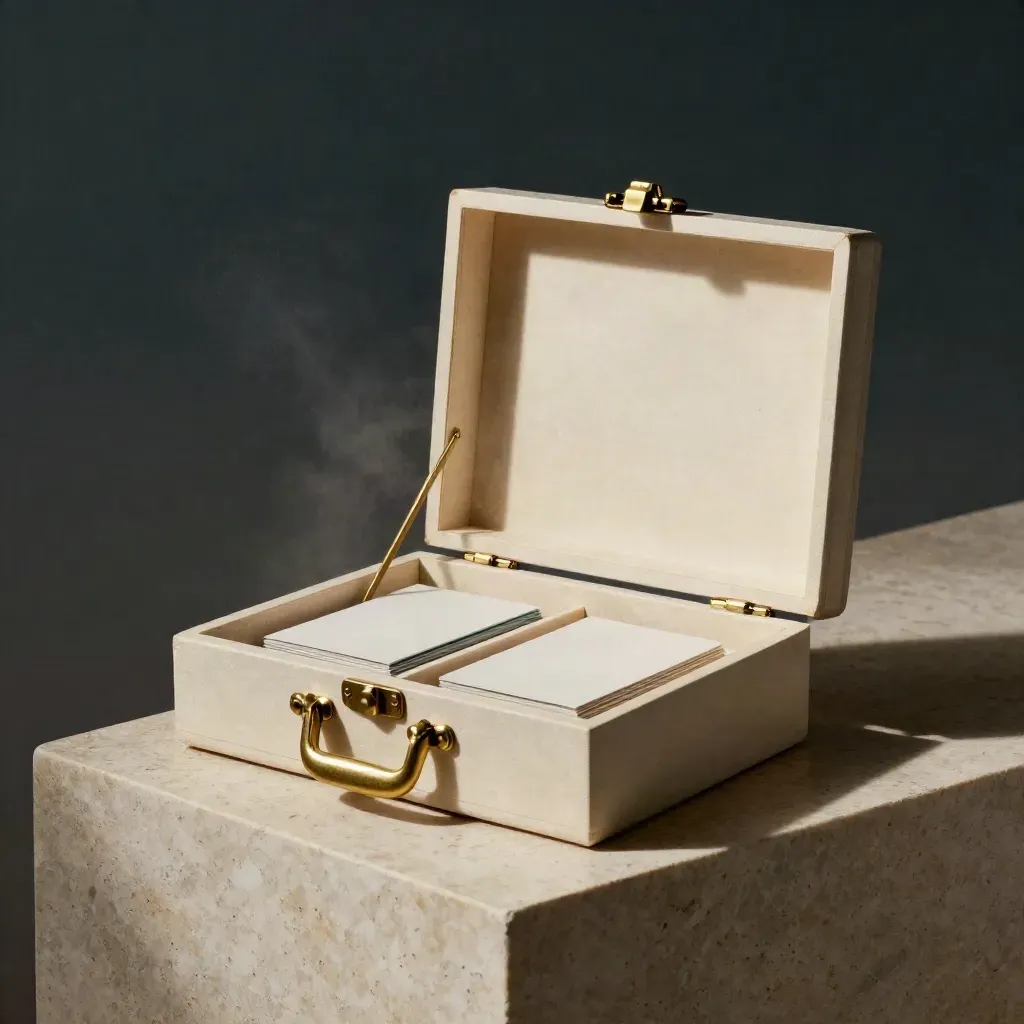 Cream growth audit box with brass clasp, blank inserts, and teal-accent cards on travertine.
