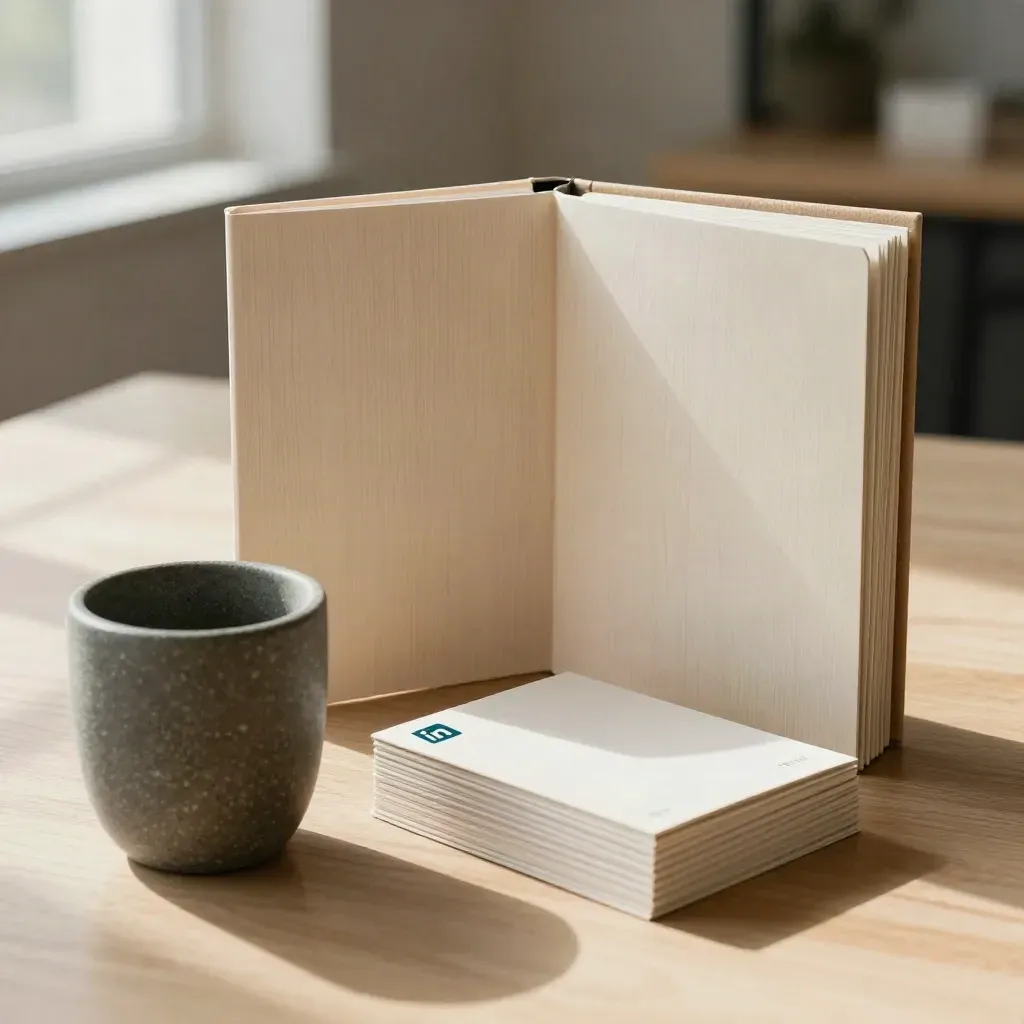 Lead setup bundle with binder, fanned cards, and stone cup on pale wood in warm window light