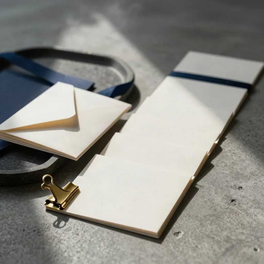 Sales funnel cards, envelope, ribbon stack, and brass clip on felt beside a stone tray.