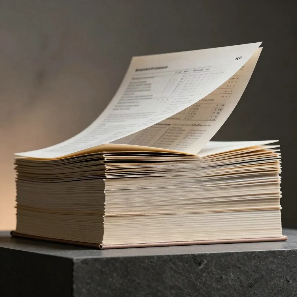 Low macro of layered KPI report sheets with a bent top page on a dark graphite plinth.